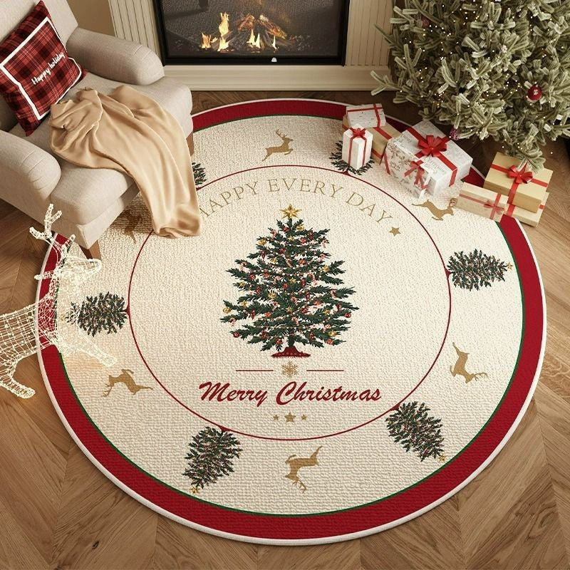 VIKAMA Christmas Winter Warm Round Rug For Living Room, Bedroom, Side Of Bed, Anti-Slip Hat Stand Pad, Holiday Home Decoration