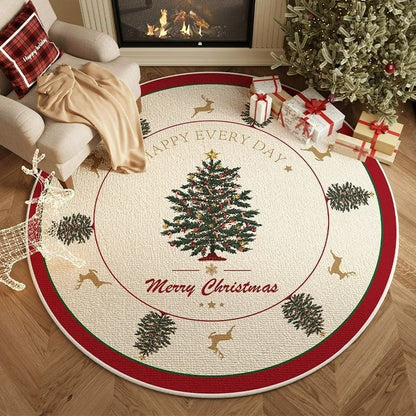 VIKAMA Christmas Winter Warm Round Rug For Living Room, Bedroom, Side Of Bed, Anti-Slip Hat Stand Pad, Holiday Home Decoration