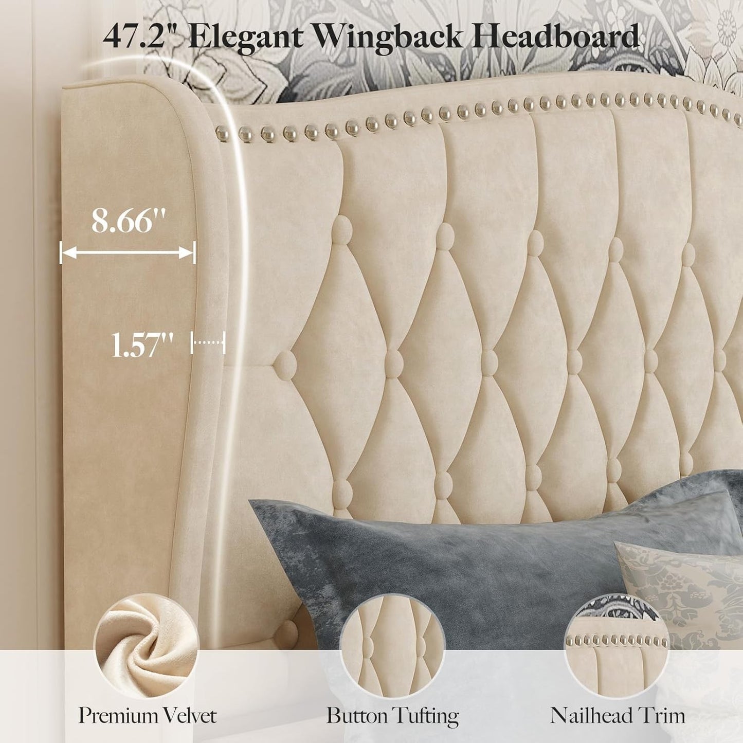 Estrutura de Cama Queen com Cabeceira, Cama Plataforma de Veludo Estofada de Luxo com Asa Lateral, Capitão e Acabamento com Tachas, Ant