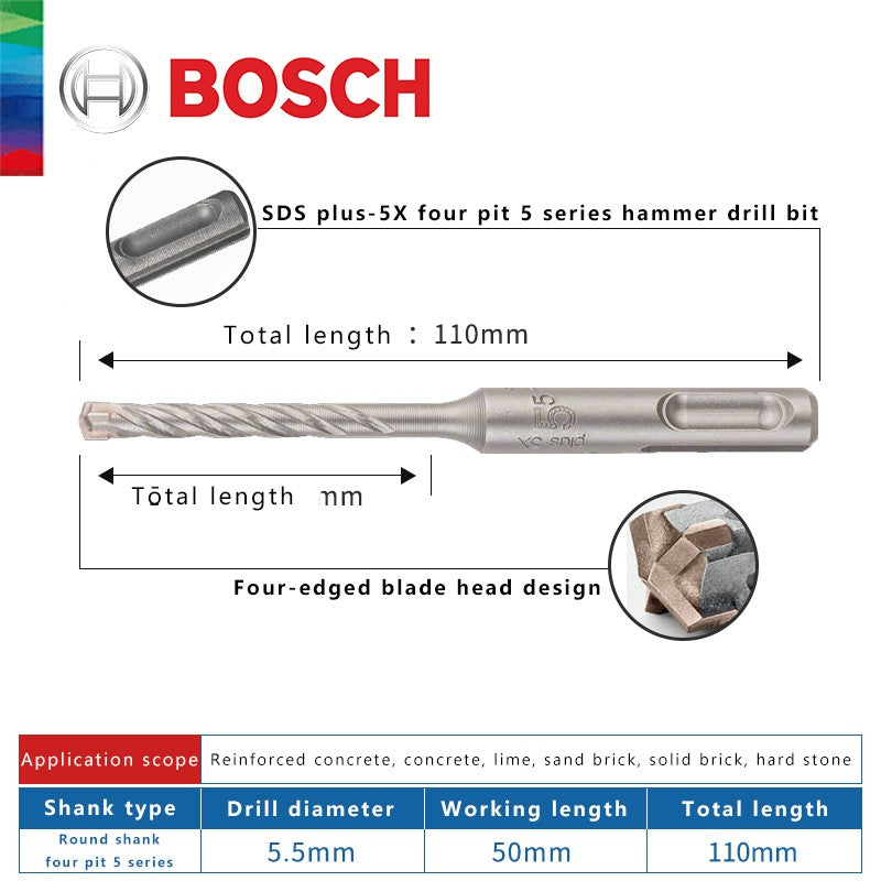 BOSCH Broca para Concreto e Madeira para Martelo Elétrico de Quatro Furos e Duas Ranhuras, de Duas Pontas, Série 5, com Haste Redonda