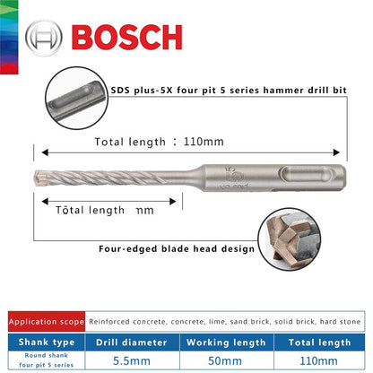 BOSCH Broca para Concreto e Madeira para Martelo Elétrico de Quatro Furos e Duas Ranhuras, de Duas Pontas, Série 5, com Haste Redonda