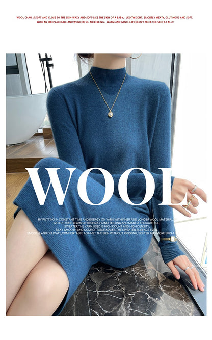 Autumn And Winter 100% Pure Wool Ladies Long Sweater Skirt Semi-High Collar Cashmere Dress Large Knit Bottoming Skirt