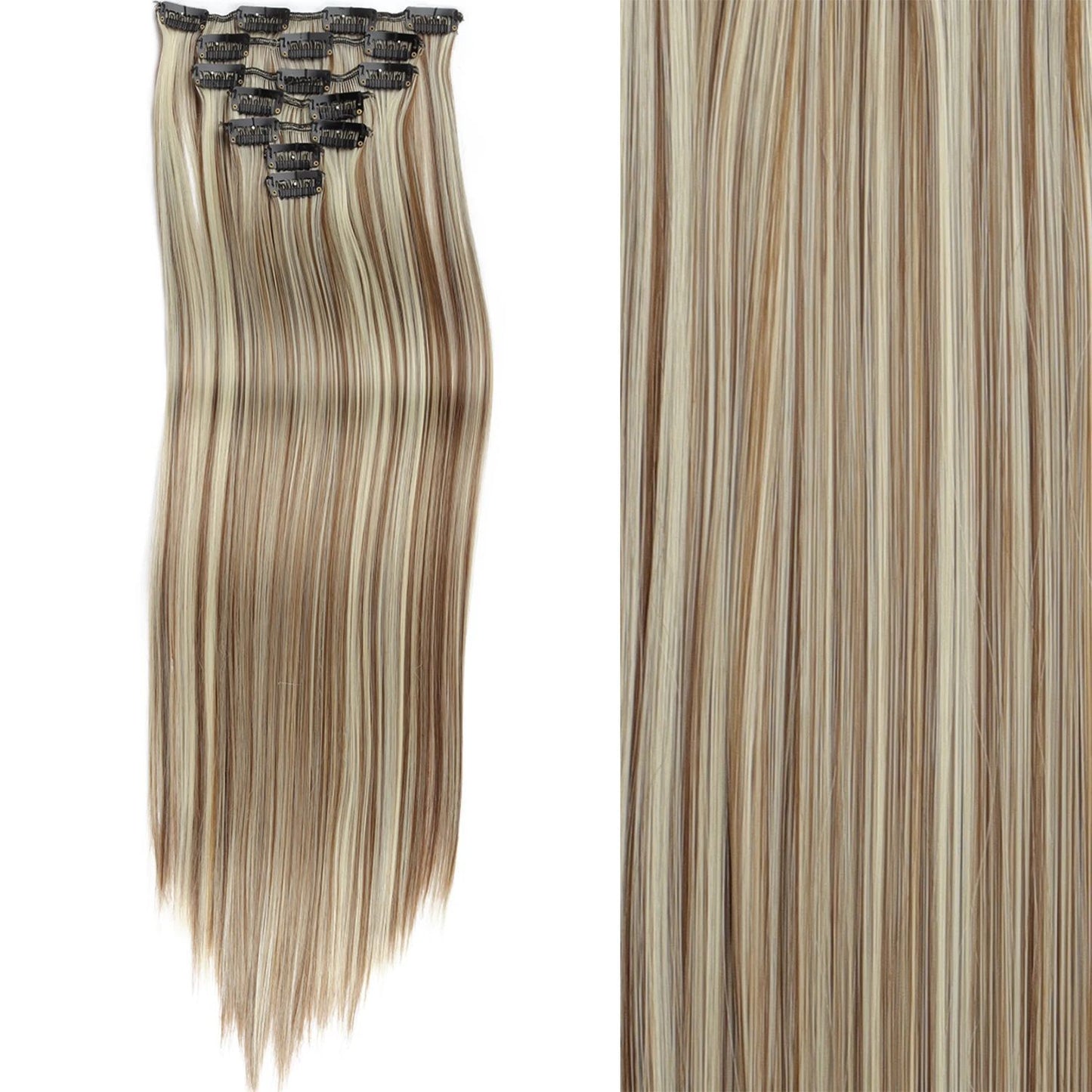 7 peças/conjunto de aplique de cabelo com 16 grampos, preto, longo e liso, cabelo natural, aplique de cabelo ombre, fibra resistente ao calor para penteado feminino