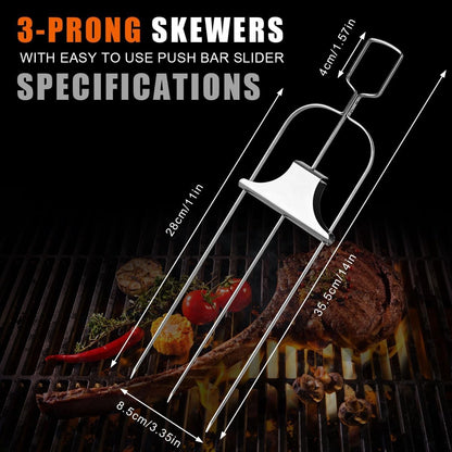 3Pcs Skewer Sticks Kabob Sticks for Grilling 14'' 3 Way Grill Skewers Metal Barbecue Skewers with Push Rod Sliders BBQ Accessory