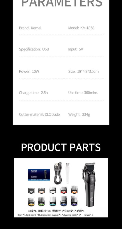 Kemei KM-1858 10W Barber Professional Electric Hair Clipper DLC Blade Trimmer Cordless USB Charging Rechargeable Hair Clippers