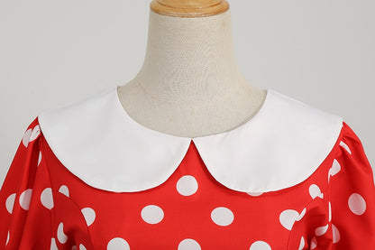 Elegant Women Summer Dress Puff Short Sleeve Polka Dot Peter pan Collar Vintage A-line Midi Long Party Sundress