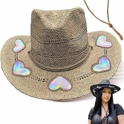 Chapéus de Sol Femininos de Praia de Verão com Lantejoulas de Estrela da Lua, Estilo INS, Chapéu de Sol de Palha Vazado Boêmio Ocidental Estilo Cowgirl