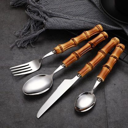 Conjunto de Talheres com Cabo de Bambu Natural, Talheres de Aço Inoxidável, Talheres de Cozinha, Inclui Garfos Colheres Facas Talheres