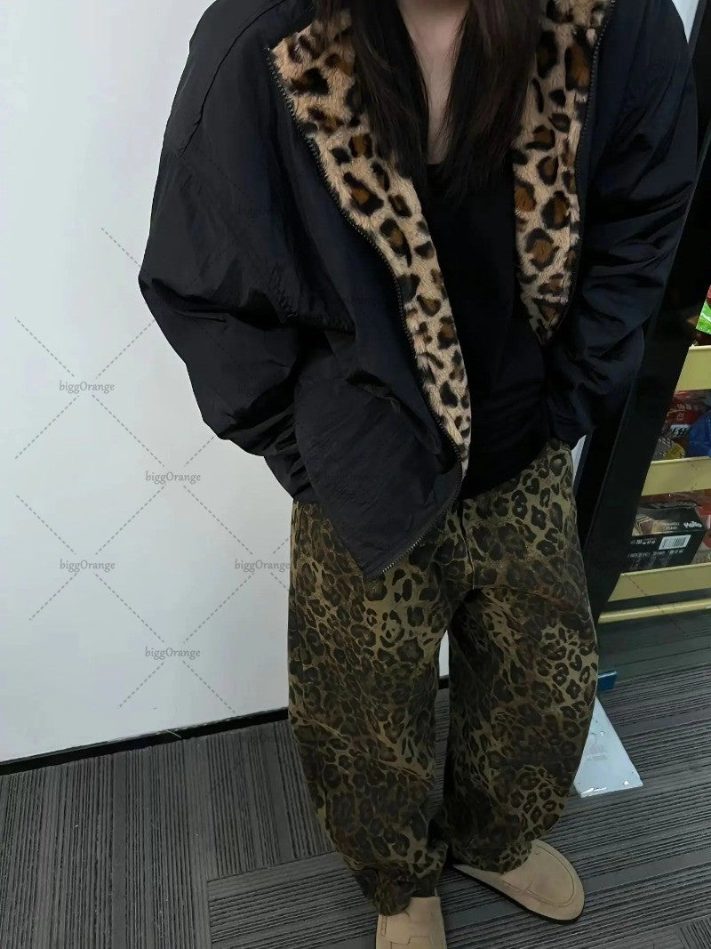 American Retro Harajuku Leopard Print Reversible Zipper Jacket Women Streetwear Trendy Casual Autumn and Winter Warm Plush Coat