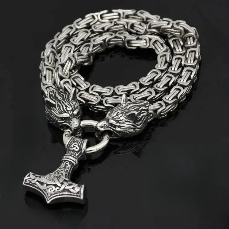 Colar Pingente Martelo Viking Nórdico Retrô Elegante e Requintado com Cabeça de Lobo para Presente de Joias Masculinas Personalizadas