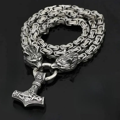 Colar Pingente Martelo Viking Nórdico Retrô Elegante e Requintado com Cabeça de Lobo para Presente de Joias Masculinas Personalizadas