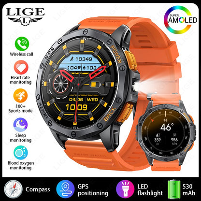 Smartwatch LIGE Novo para Esportes ao Ar Livre com GPS, Bússola, Tela AMOLED de 1.43", Bateria de 530mAh, Monitor Cardíaco, Chamadas Bluetooth e À Prova D'Água