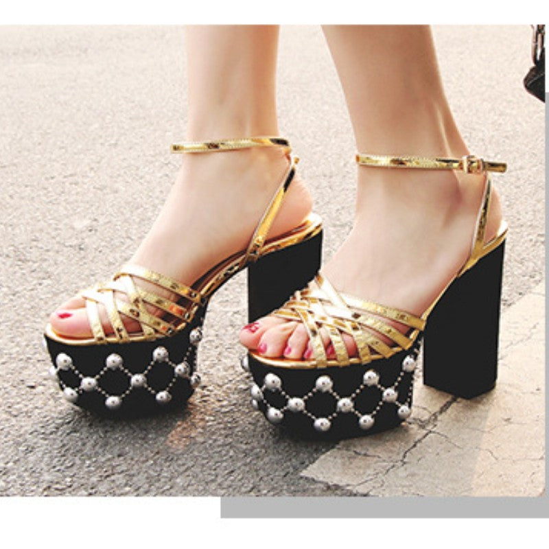 Luxury Brand Women's Summer Fashion Metal Platform Sandals Large 34-42 Super High Heel Thick Bottom Rivet Party Women's Shoes