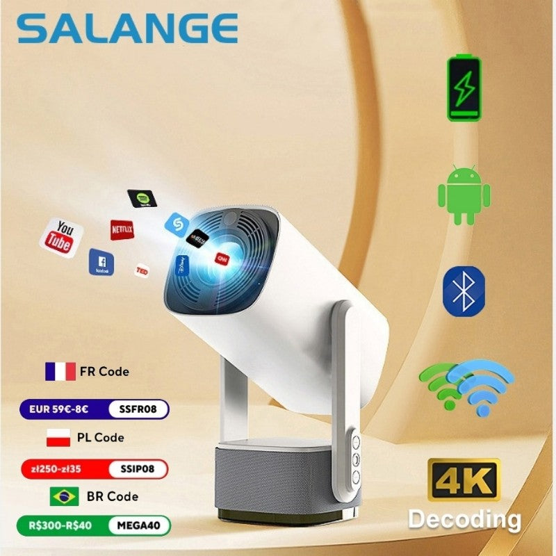 Projetor Salange 4K K2 Smart Android 11 Bateria Embutida Alto-falante Bluetooth WIFI Foco Automático Correção Trapezoidal Estilo Livre para Filmes ao Ar Livre
