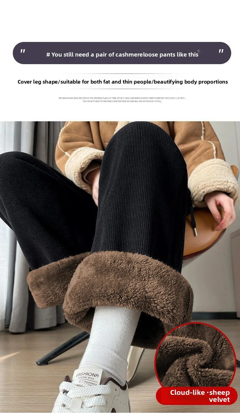 Thickened Fleece Lamb Velvet Large Size Corduroy Wide Leg Casual Straight Leg Pants Women Autumn Winter Special Thick Shiny Casu