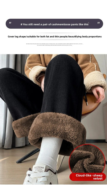 Thickened Fleece Lamb Velvet Large Size Corduroy Wide Leg Casual Straight Leg Pants Women Autumn Winter Special Thick Shiny Casu