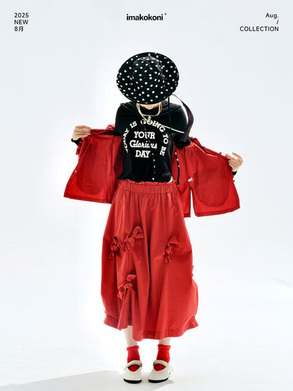 imakokoni 2025 Early Autumn Artistic Washed Braided Bow Half-Dress Casual Retro Women's A-Line Skirt255188