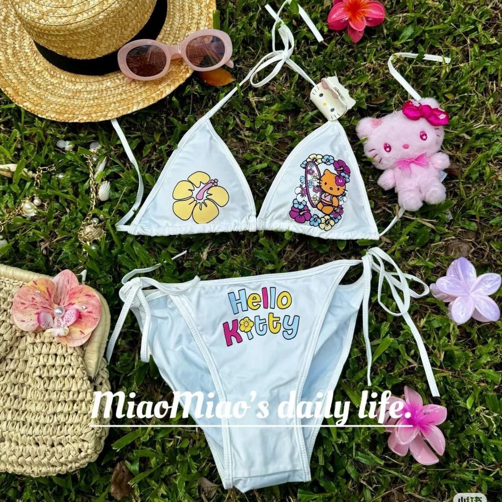 2Pcs Sexy Hot Girls Bikini Swimsuit Suit Y2K Hello Kitty Sanrios Anime Women Kitty Strap Underwear Bra Panties Beach Seaside Spa