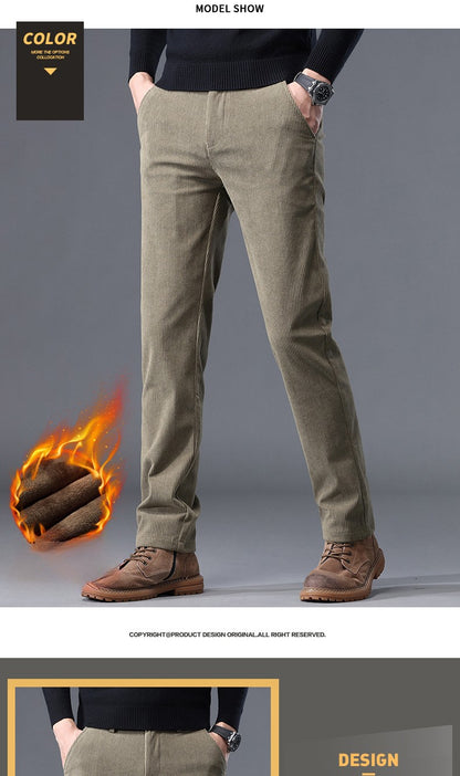 Khaki Black Gray Fleece Men's Corduroy Casual Pants Chenille Thick Stretch Business Trousers Mid-rise Brand Winter Thermal Pants