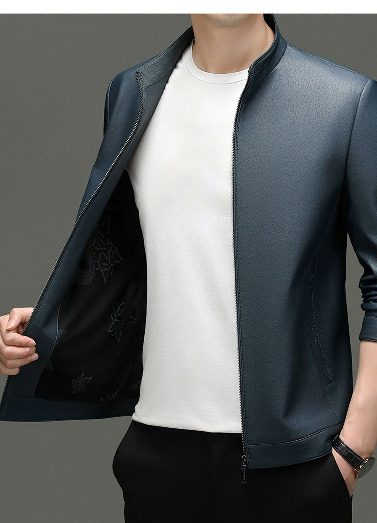 Leather Fashion Handsome Trend Solid Color High Quality Male Stand Collar Dad Father Middle-aged Leather Autumn and Winter Coat