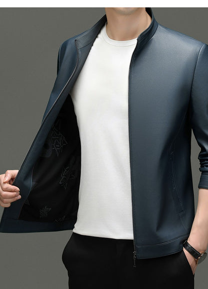 Leather Fashion Handsome Trend Solid Color High Quality Male Stand Collar Dad Father Middle-aged Leather Autumn and Winter Coat