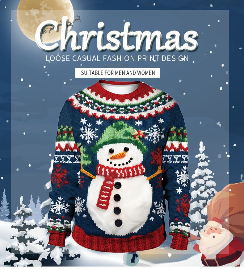 Men Women Tacky Xmas Sweatshirt 3D Christmas Snowflakes Print Holiday Party Jumpers Tops Pullover Snowman Ugly Christmas Sweater