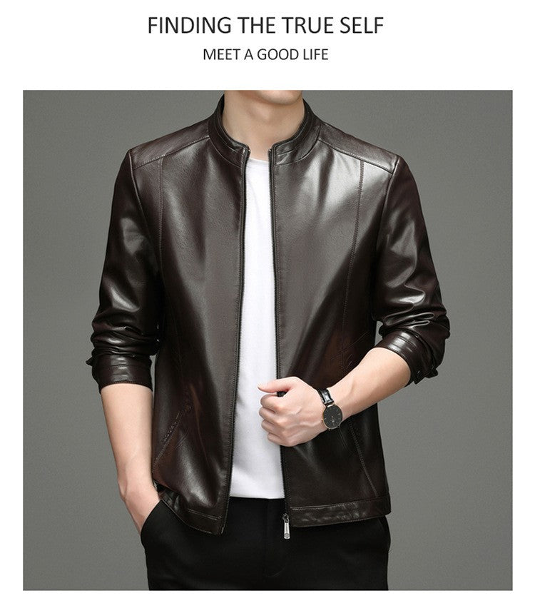 Spring and Autumn New Men's Lapel Leather Jacket Male Business Casual Middle-aged Men's Handsome Short Leather Coat Jackets 2025