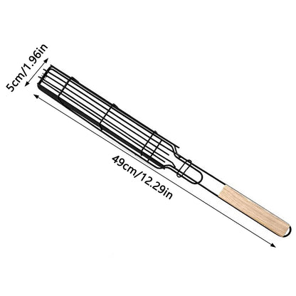 Stainless Steel Barbecue Grill Cage with Wooden Handle Picnic Kitchen Tools BBQ Basket for Fish Shrimp Vegetables Hot Dog