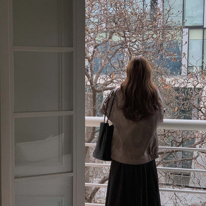 Sli Loose PU Leather Jaet Women's Chic Retro Collar Versatile BF Sle Motorcycle Clothes Trendy Long Sve Zipper