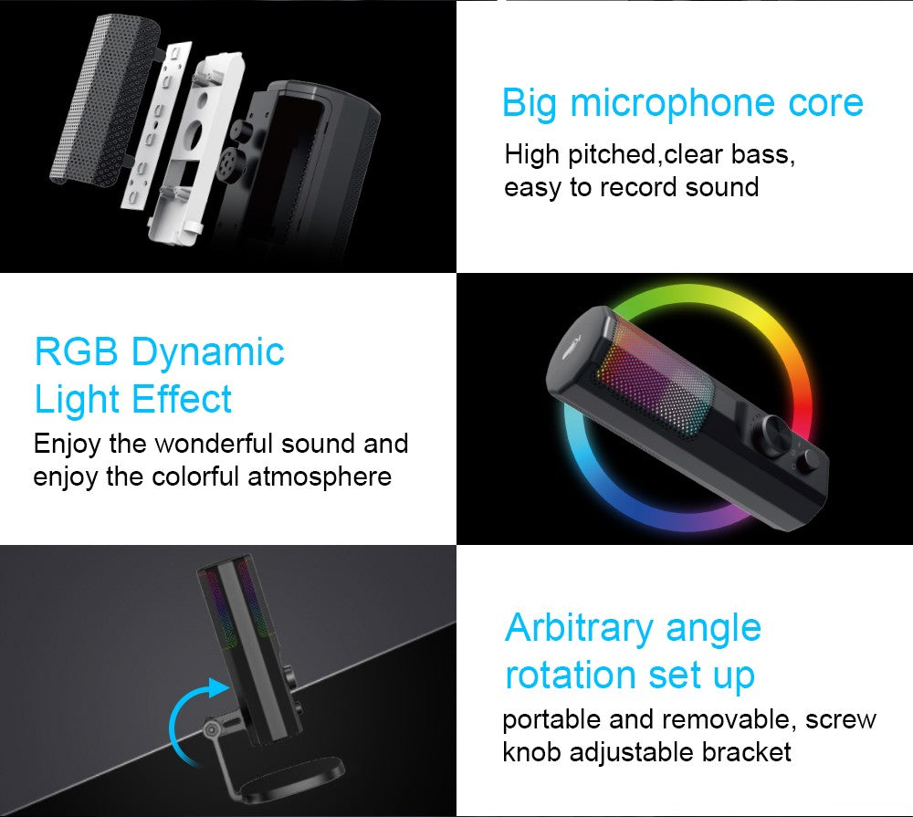 Microfone Condensador 3,5 mm com Cancelamento de Ruído ENC, Iluminação LED RGB, Compatível com PC/PS4/PS5/Mac/Android, Ideal para Stream