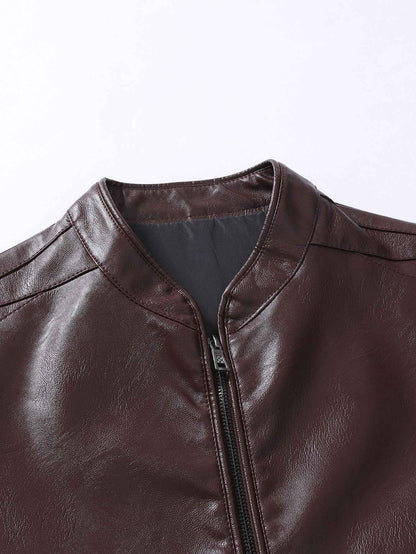2024 Spring New Men's Business Casual Slim Long-sleeved Pu Leather Jacket Jacket Side Seam Pocket Zipper Solid Color