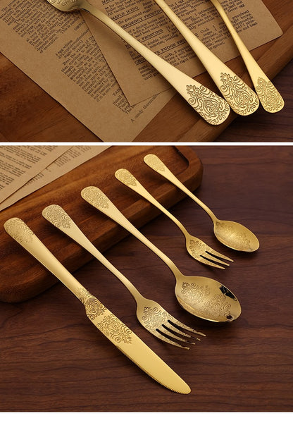 5Pcs Cutlery Set Stainless Steel Tableware Carving Golden Dinnerware Set Knife Fork Spoon Silverware Flatware Kitchen Untensils