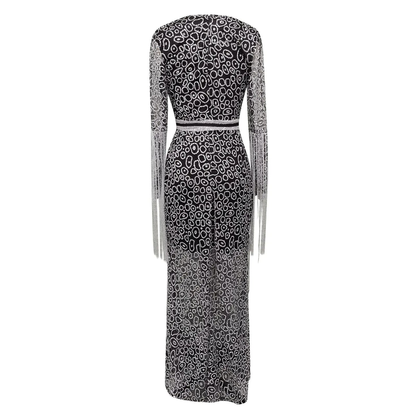 Women's Fashion New Long Sleeved Prom Dress Elegant Sexy Deep V Neck Sequined Fringed Long Slim Dresses Evening Party Dresses