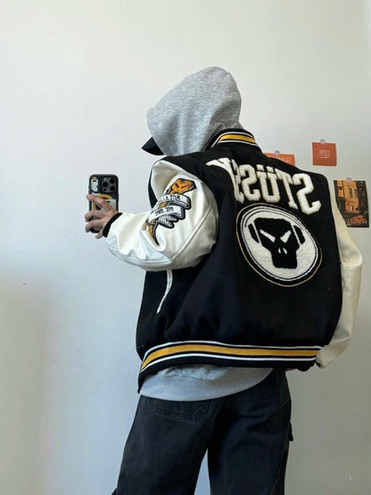 Jaqueta Casual Feminina com Padrão de Letras Fashion, Bordado de Veludo, Estilo Y2K College Hip Hop Popular, Esportivo, Uniforme de Beisebol para Casal