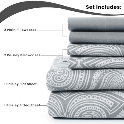 Lux Decor 6Pc Paisley Sheet Set – Soft Microfiber, Wrinkle-Free, Luxurious Printed Bed Sheets