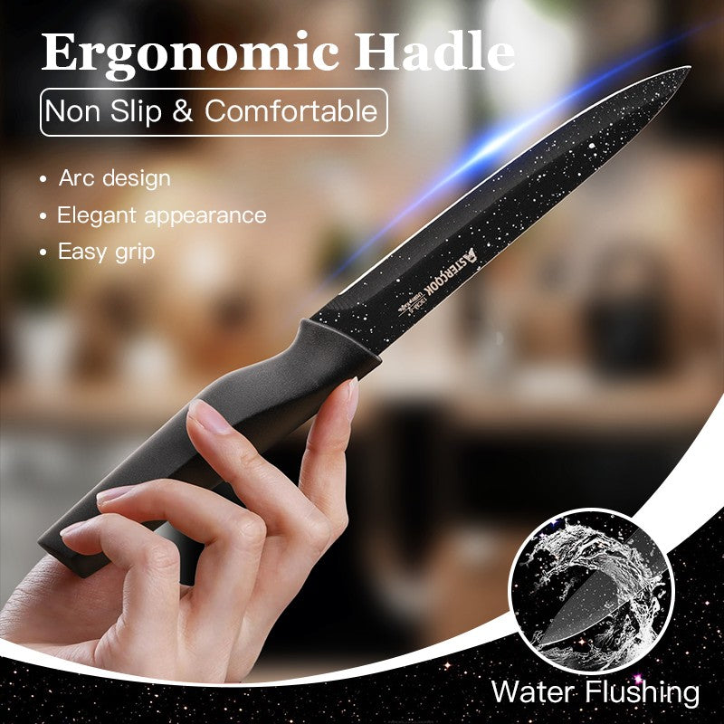 Conjunto de facas Astercook de 6 peças, conjunto de facas de cozinha estreladas com protetores de lâmina, laváveis na lava-louças, aço inoxidável alemão de alto carbono