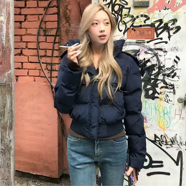 South District Fiona Women's Winter Jacket Navy Blue Cotton Short down Coat with Detachable Hood And Fur Collar