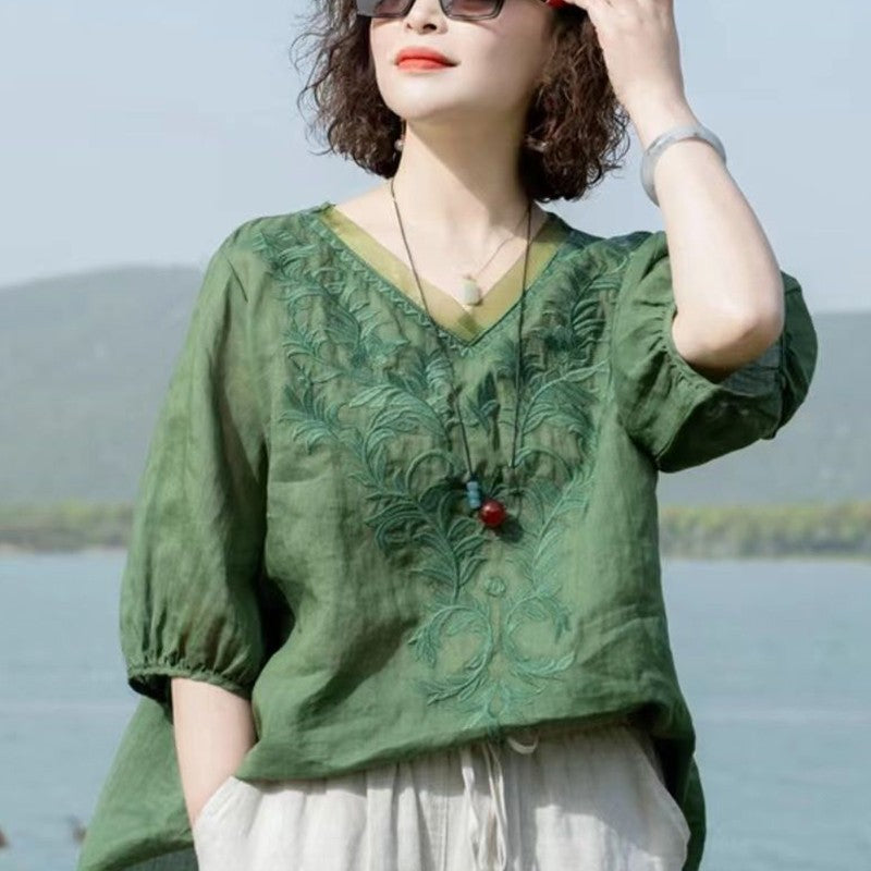 Summer New Literary Vintage Embroidery Cotton Linen Shirt Ladies Half Sleeve Loose Casual Fashion Blouse Women's Clothing Tops