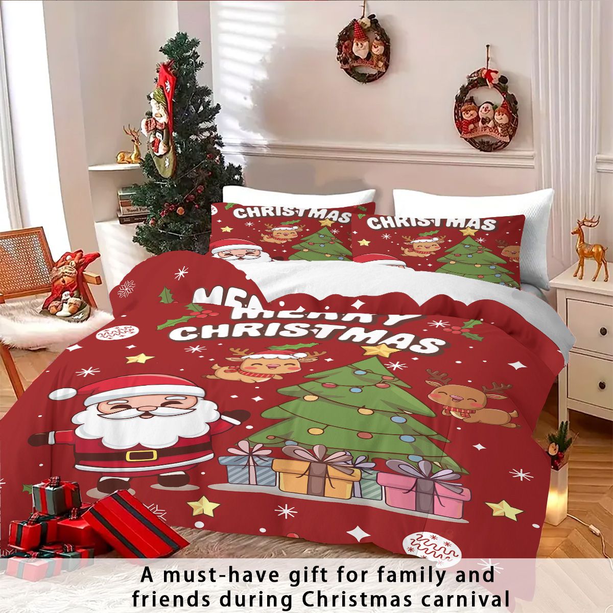 3pcs Santa Claus Christmas Tree Print Coreless Duvet Set Bedroom Dormitory Bedding Decoration Comfortable Machine Washable