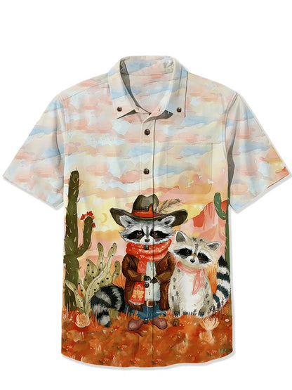 Men's Shirt Summer Casual Fashion Short Sleeve 3D Printed Denim Red Kitten Print Men's Hawaiian Lapel Single Breasted Shirt