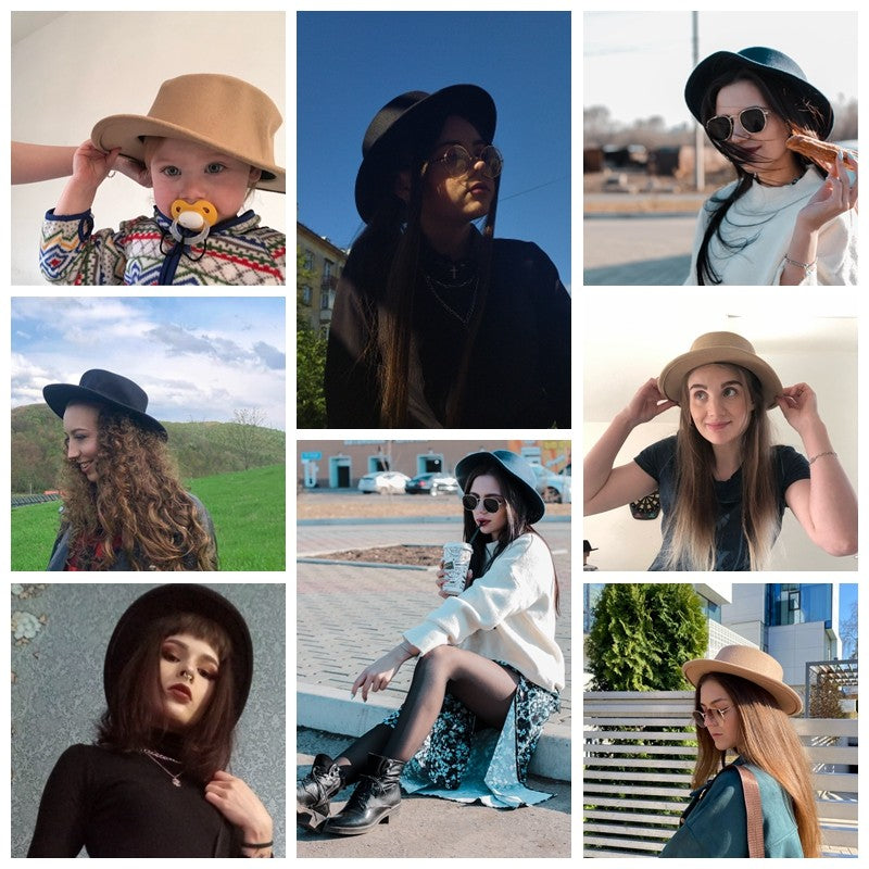 Flat Top Fedoras Hats for Women Solid Color Imitation Woolen Jazz Cap Elegant British Wide Brim Ladies Caps Bowler Hats Fedora