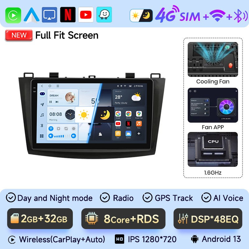 JIUYIN Rádio automotivo 2 Din para Mazda 3 2009 2010 2011 2012 2013 Android 13 Multimedia Player 4G GPS Navegação Carplay DVD Unidade Central