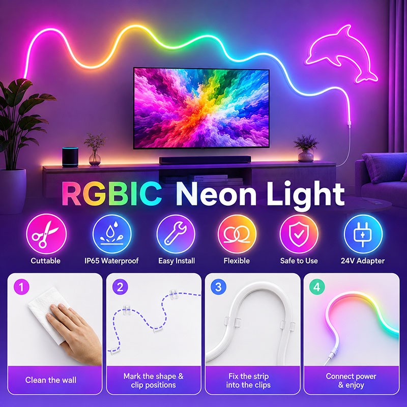 DC 24V 5-20M RGBIC Neon Rope Light, APP & Remote Control, Music Sync, Flexible Lamp Tape,Waterproof LED Strip for Indoor Outdoor