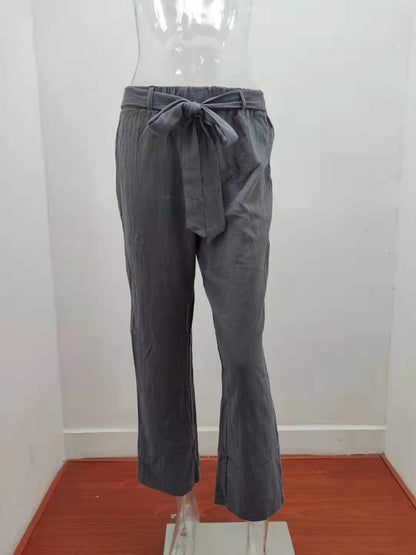 2025 Autumn Women's Summer Elastic Waist Pure Cotton Hemp Strap Loose Pants