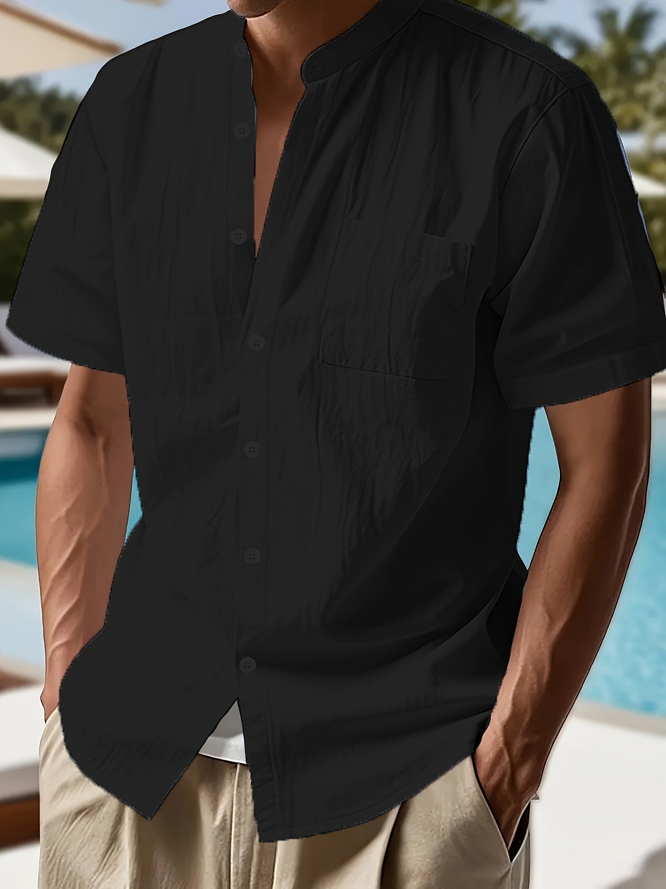 2025 Summer New Style Casual Beach Short-Sleeved Solid Color Shirt with Standing Collar and Pockets for Men