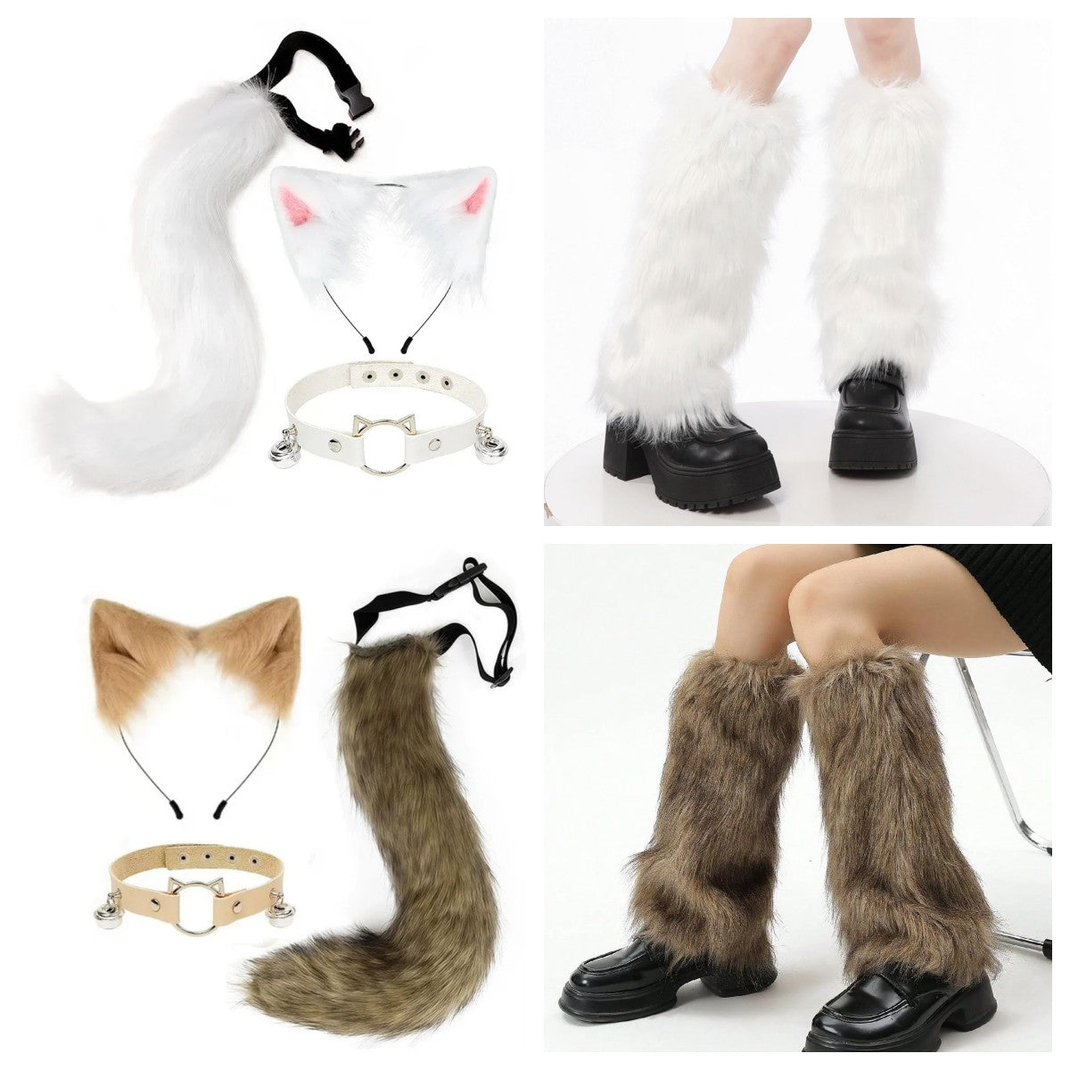Costume Set Fox Tail Ears Gloves Artificial Fur Boot Covers Cosplay Halloween Prop Adult Women Men Unisex