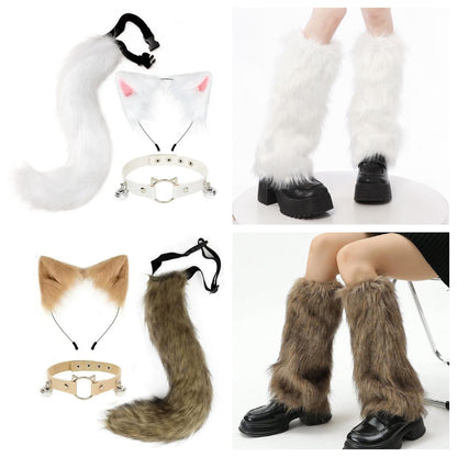 Costume Set Fox Tail Ears Gloves Artificial Fur Boot Covers Cosplay Halloween Prop Adult Women Men Unisex