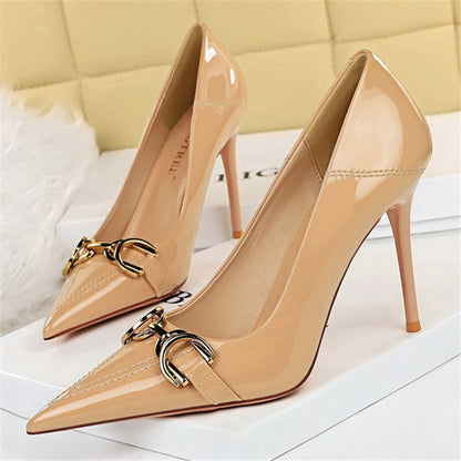 Luxury Design Women 10cm High Heels Metal Buckle Green Pumps Lady Plus Size Wedding Stiletto Heels Party Nude Replica Prom Shoes