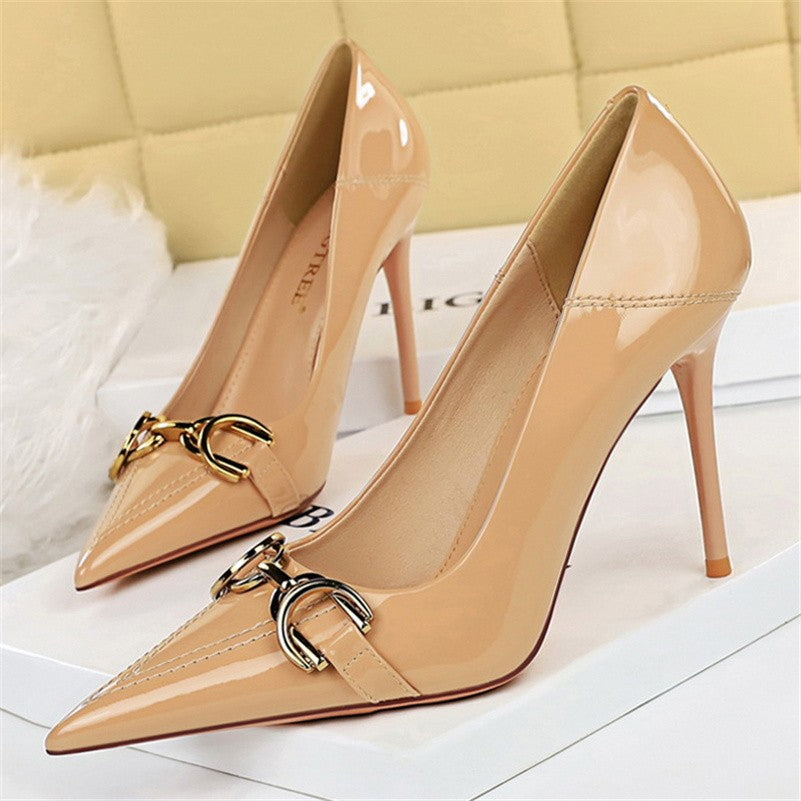 Luxury Design Women 10cm High Heels Metal Buckle Green Pumps Lady Plus Size Wedding Stiletto Heels Party Nude Replica Prom Shoes