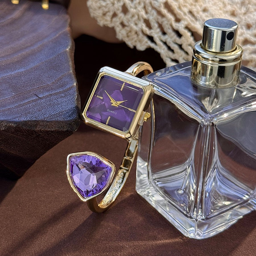 New Ladies Open Bracelet Watch Assorted Shaped Diamond Color Gemstone High-End Quartz Wristwatch Lazy Person's Stylish Timepiece